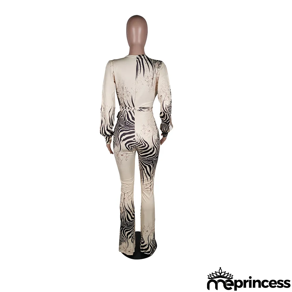 Sexy Deep V Long Sleeve Wide Leg Jumpsuits With Mask