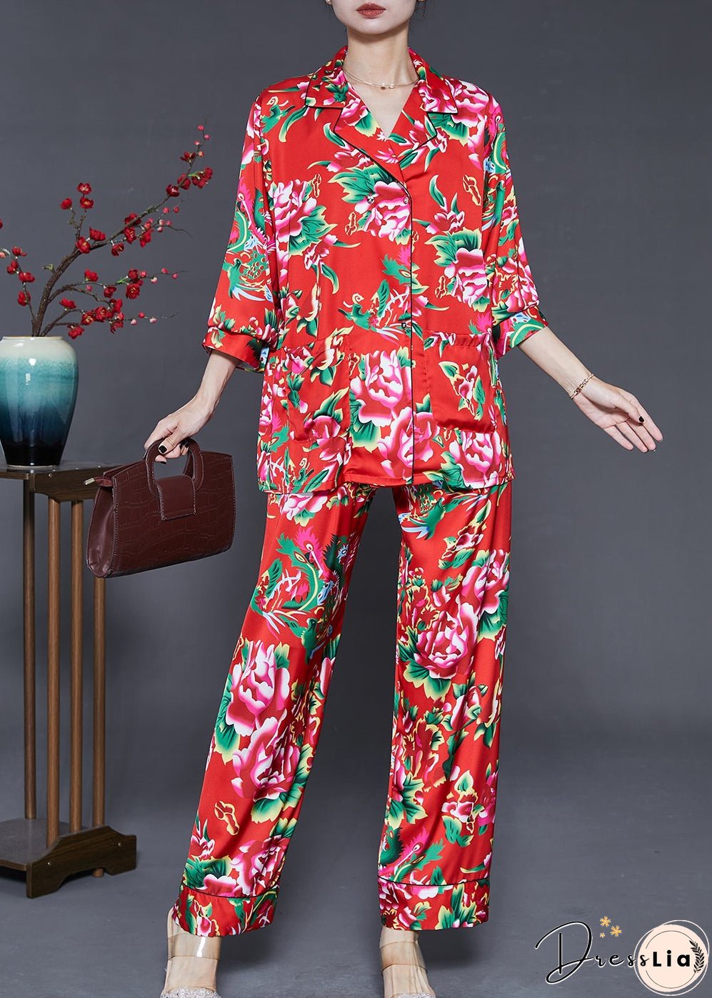 Vintage Red Peter Pan Collar Print Draping Silk Two Piece Set Fall