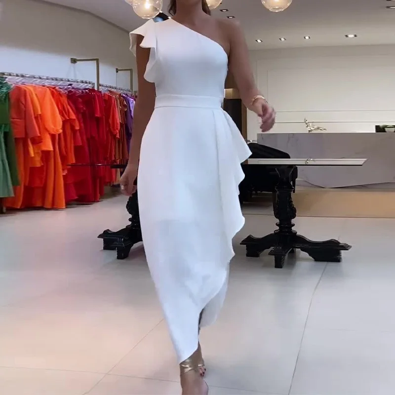 Toloer Toloer 2023 New Fashion Solid Color Diagonal Lace Sleeve Slit Sexy Skirt-Outfit Ideas