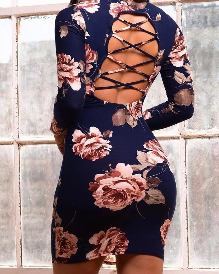 Floral Lace-up Open Back Bodycon Dress
