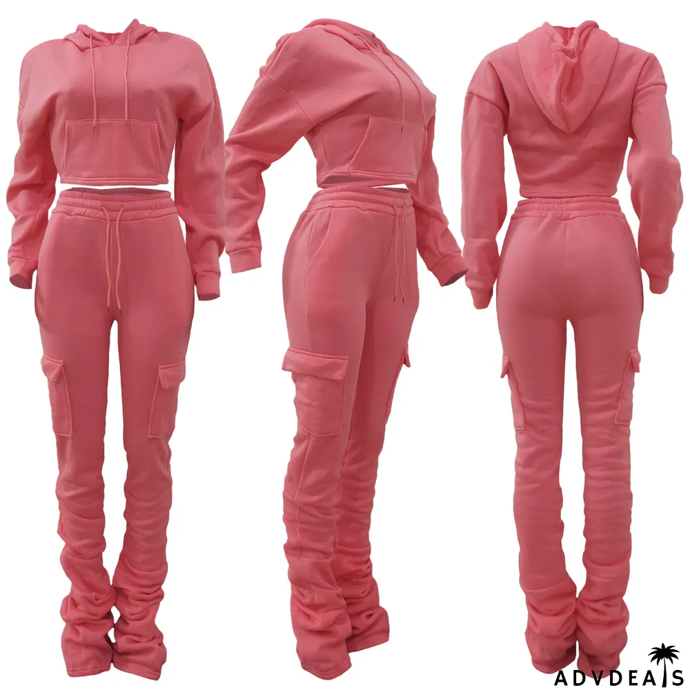 Solid Fleece Hoodie Top Pile Pants Casual Two Piece Sets