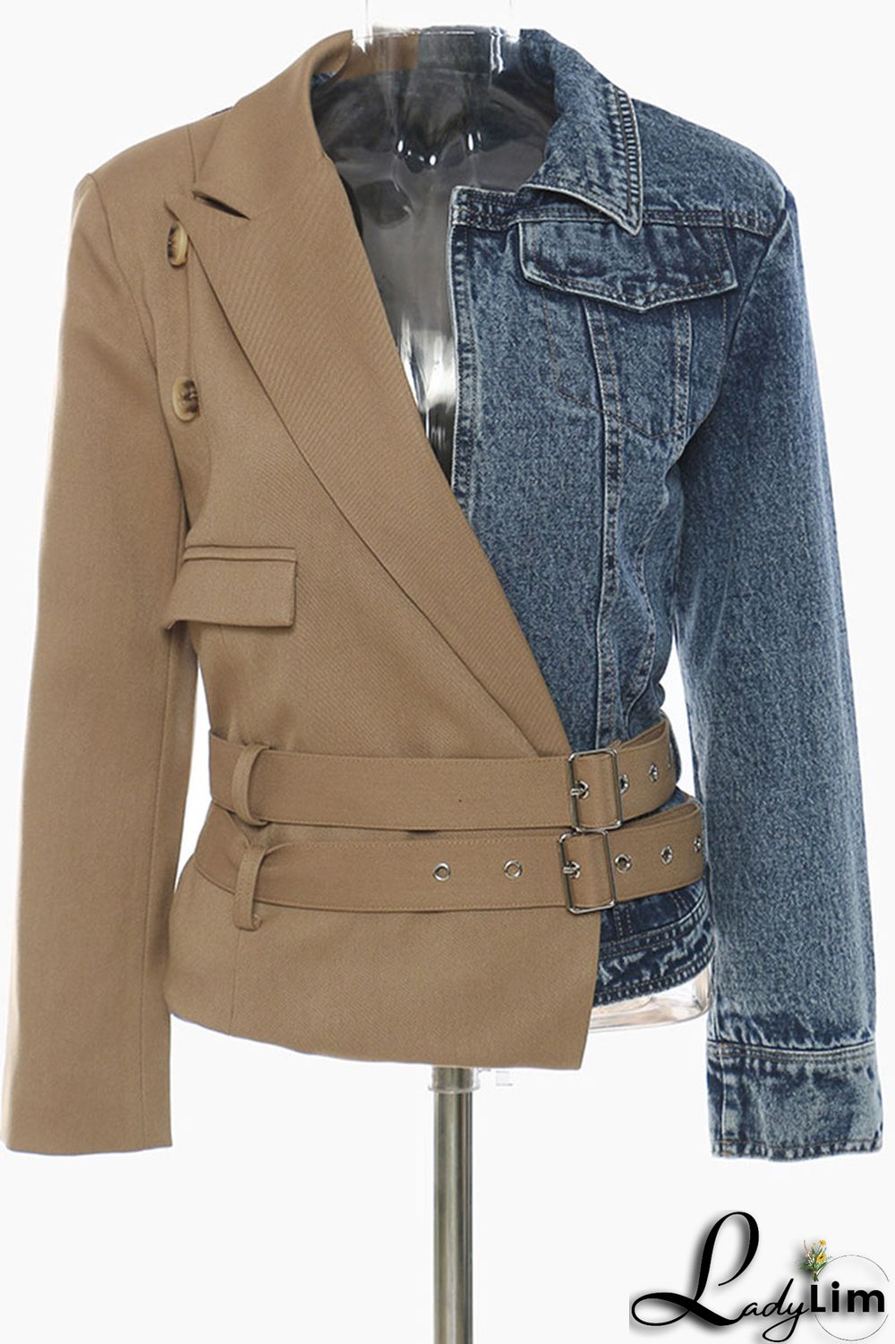 Khaki Street Solid Patchwork Turn-back Collar Outerwear