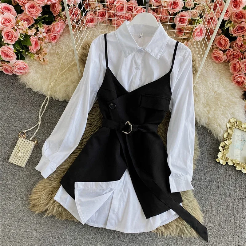 Spring Fashion Temperament Irregular Lace Sling Stitching Two-piece Medium-length Solid Color Shirt C159