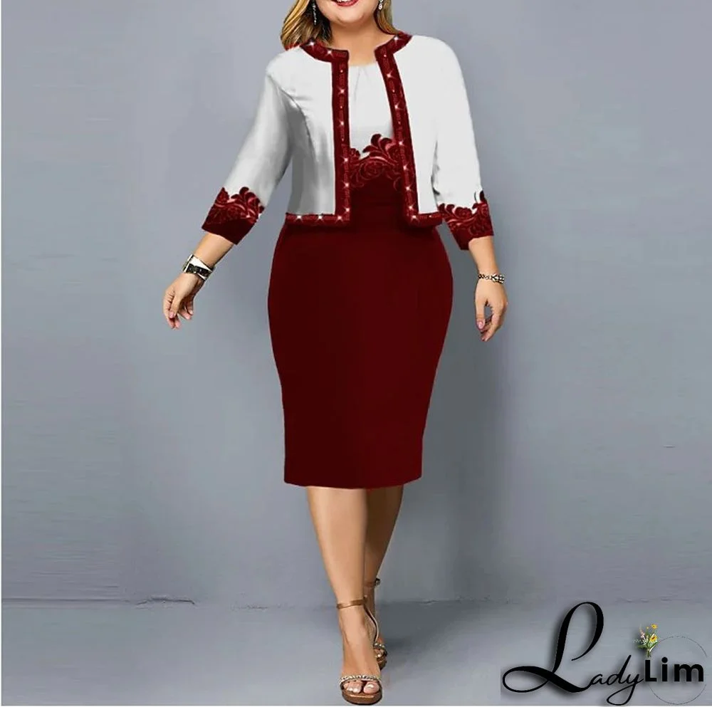 Spring Autumn 3/4 Sleeve Digital Printing Two-Piece Suits Plus Size Women's Bodycon Dress Coat Set