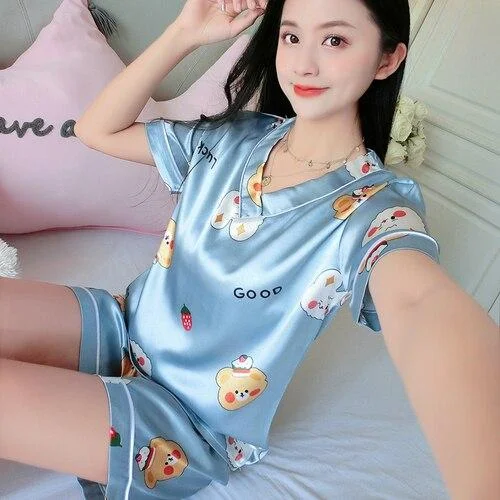 Pajamas Set for Women's Summer New V-neck Silk Korean Loose Sweet Cute Cartoon Short-sleeve Home Wear Cloth  Women Sleepwear
