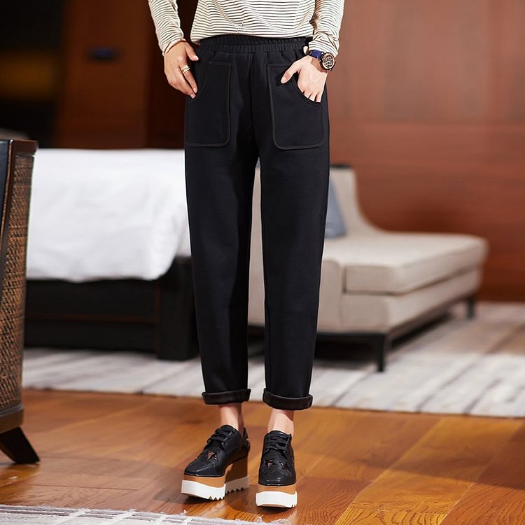 Black Plain Shift Casual Cotton-Blend Pants