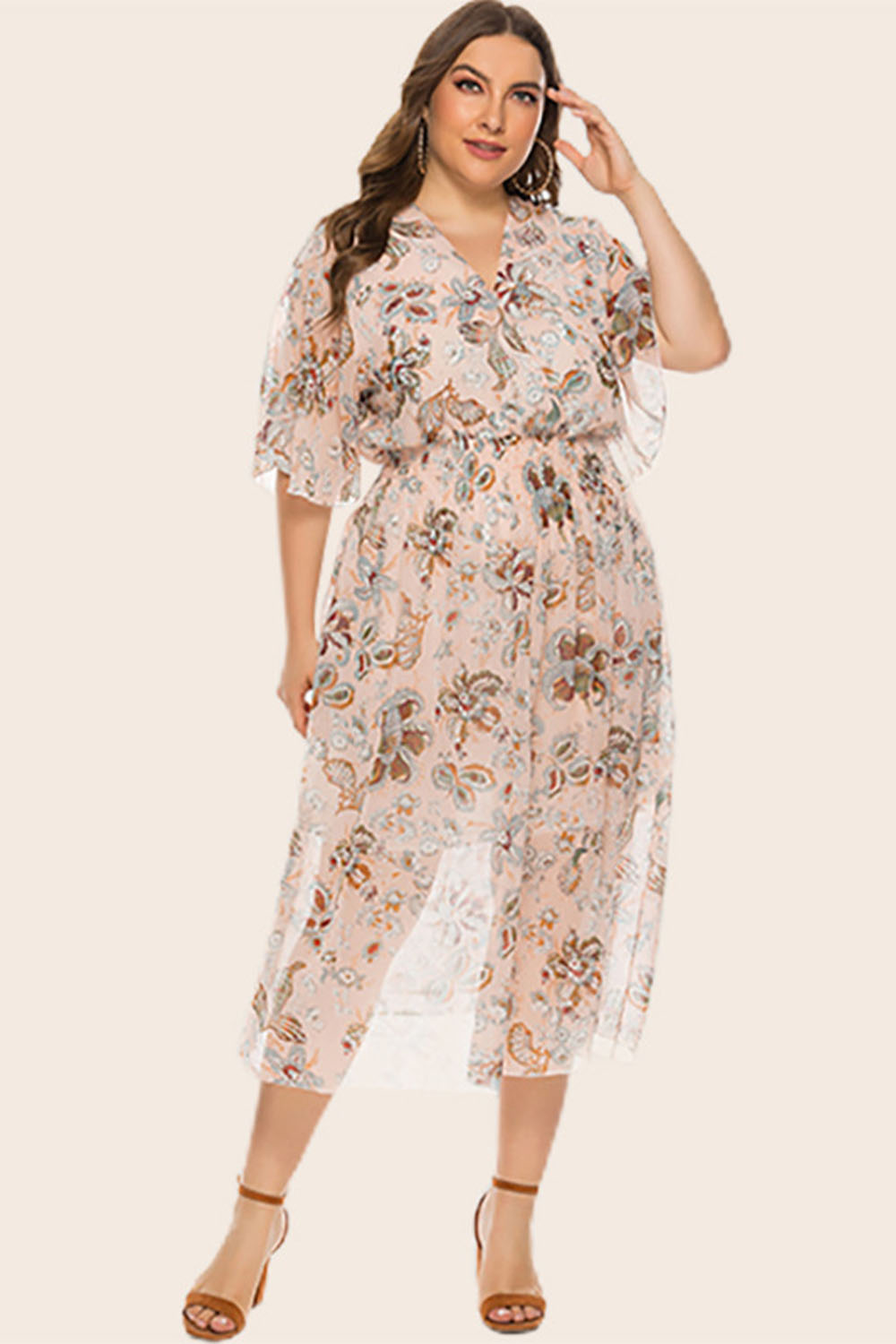 Plus Size Everyday Blue Floral Print Wrap Flutter Sleeve Shirred Waist Midi Dress 2024 - Flycurvy 