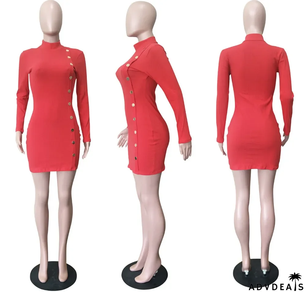 Solid Long Sleeves High Collar Slim Mini Dress