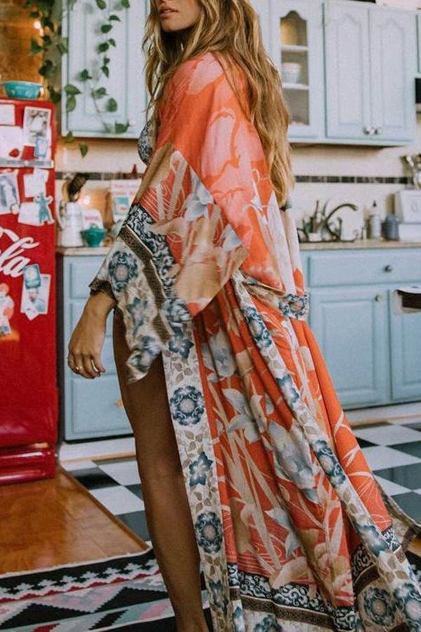 Women Casual Baggy Red Crane Print Sun Protection Smock-Allyzone-Allyzone