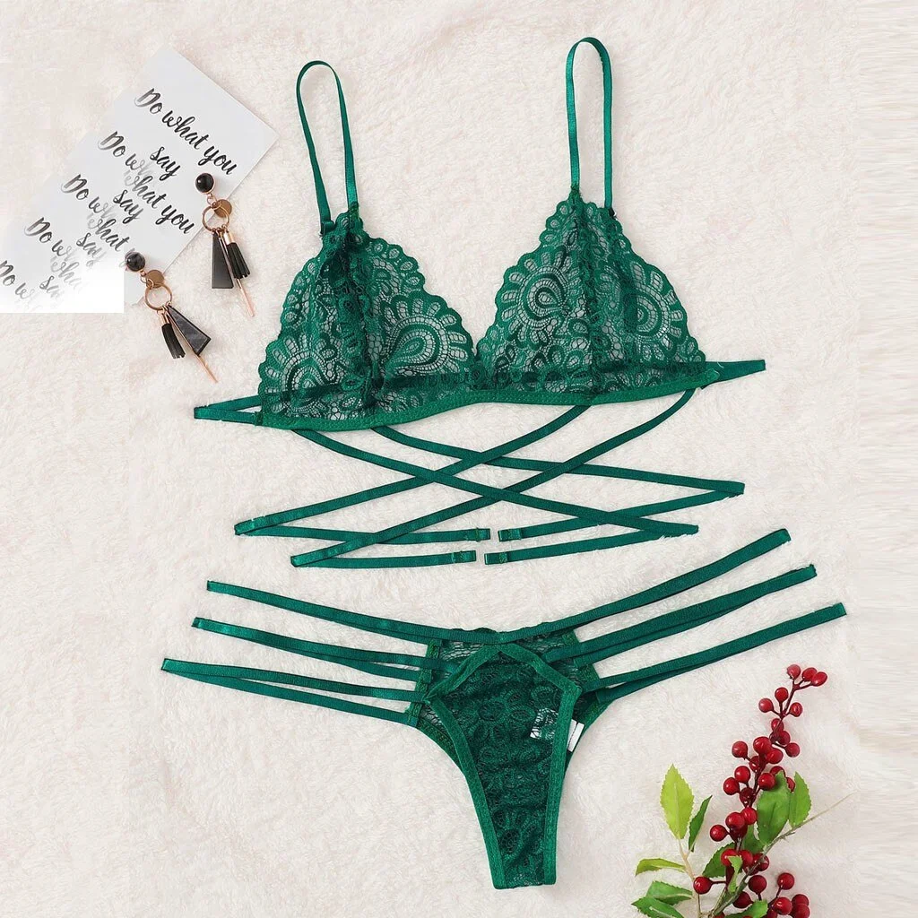 Sexy Lingerie Bra Set New Women Green Sexy Lace Sling Bra Thong Set Bandage Underwear Sleepwear Lingerie Sets Lenceria 661BRS10