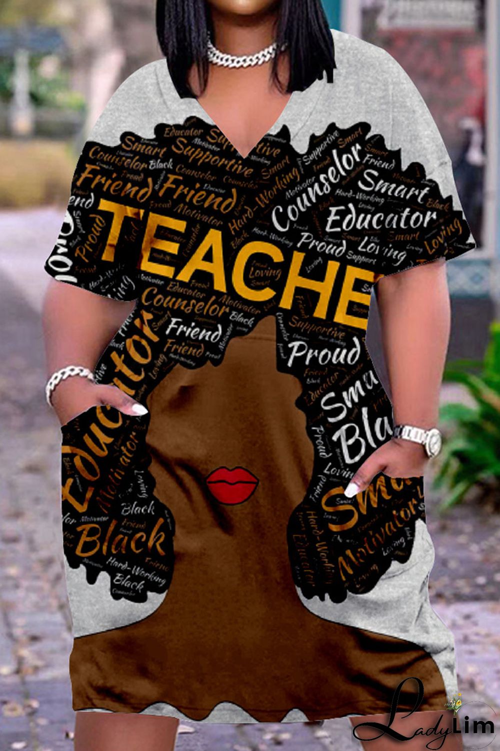 Beige Casual Street Print Patchwork V Neck Straight Dresses