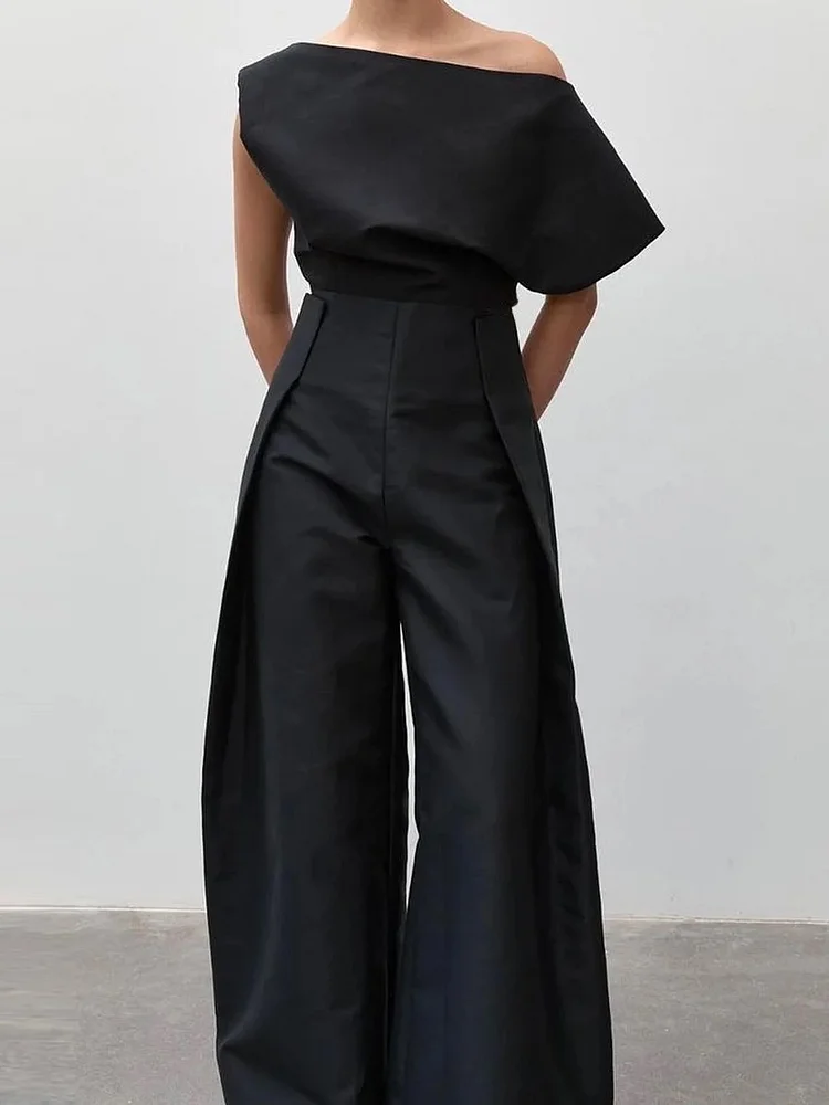 OSHOPLIVE Loose Sleeveless Solid Color Off-The-Shoulder Two Pieces Set