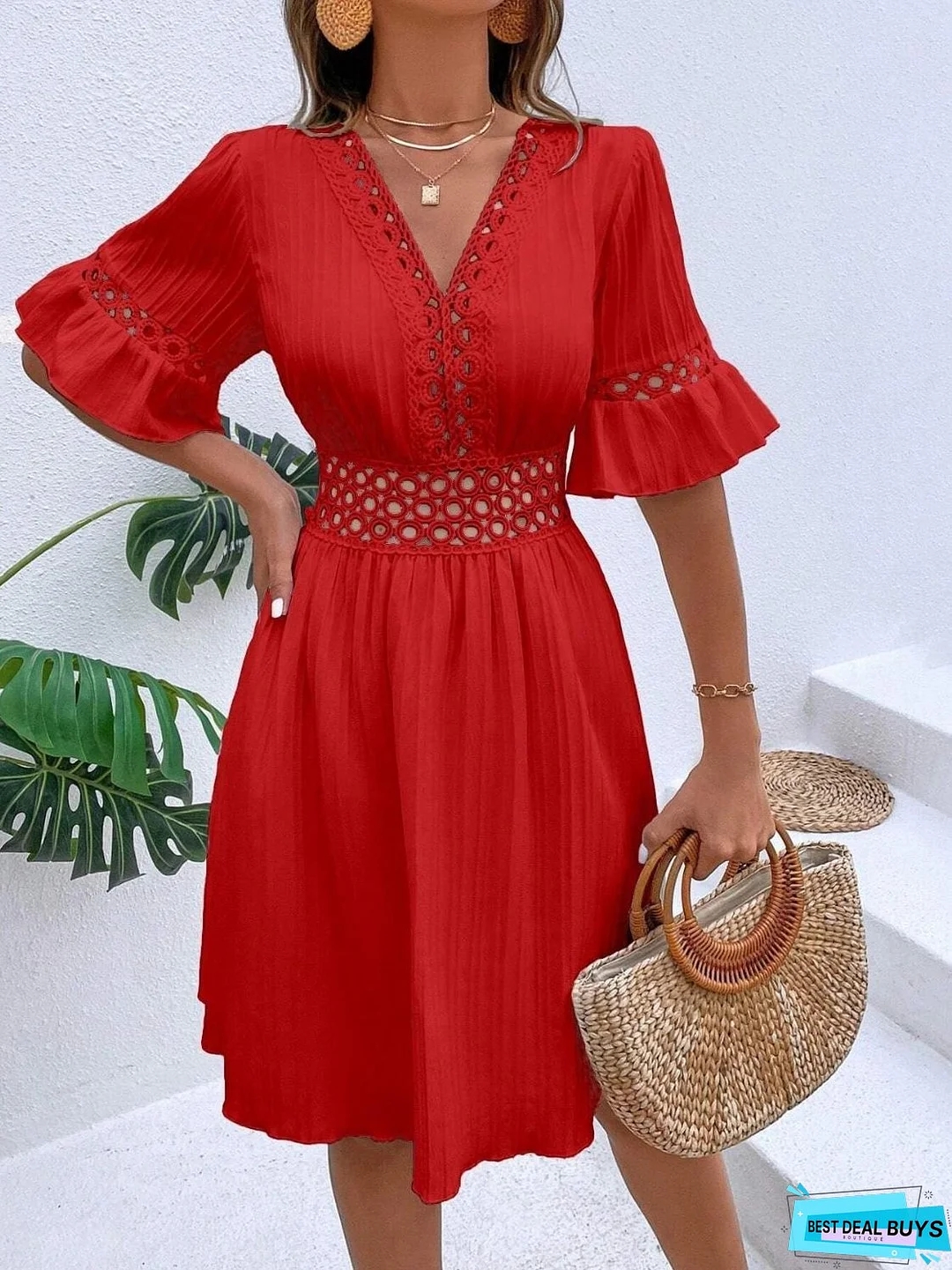 Cutout V-Neck Flounce Sleeve Mini Dress