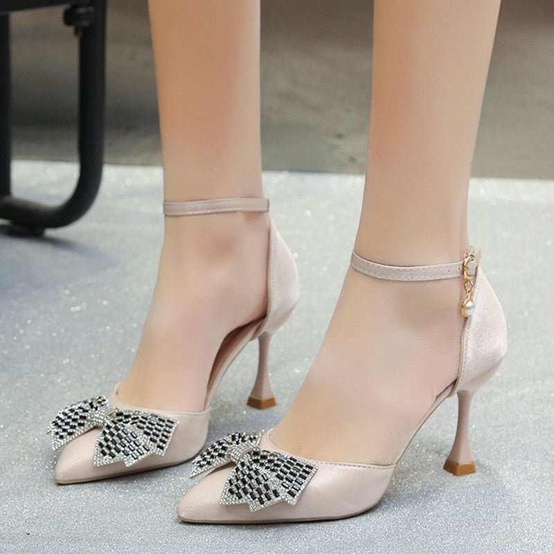 Elegant Ladies Ankle Strap Pumps Crystal Bow Stiletto High Heels Shoes Woman Sexy Pointed Toe Silk Wedding Shoes For Women Bride