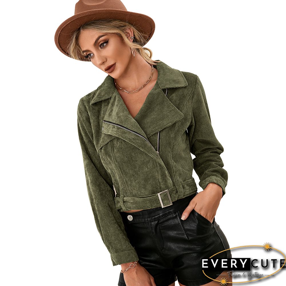 Army Green Corduroy Side Zipper Short Jacket