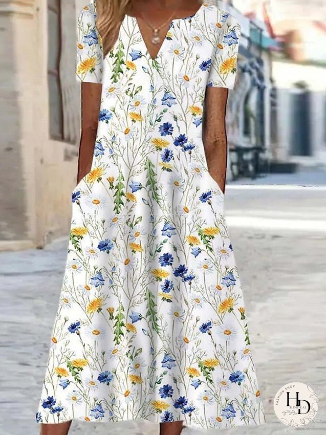 Casual Dress Shift Dress Swing Dress Floral Pocket Print V Neck Midi Dress Active Fashion Outdoor Vacation Short Sleeve Regular Fit White Royal Blue Blue Spring Summer S M L XL XXL for Women