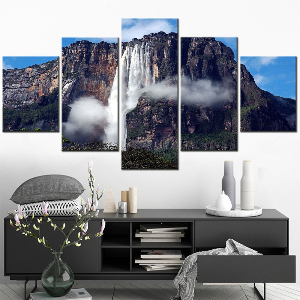 5 Panel Wall Art Modular Canvas Paintings Home Decor Poster Landscape Waterfall  Rocks Clouds Pictures Bedroom Decoration