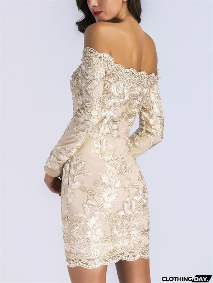 Gorgeous Off Shoulder Long Sleeve Floral Applique Thigh-Length Bodycon Party Dress