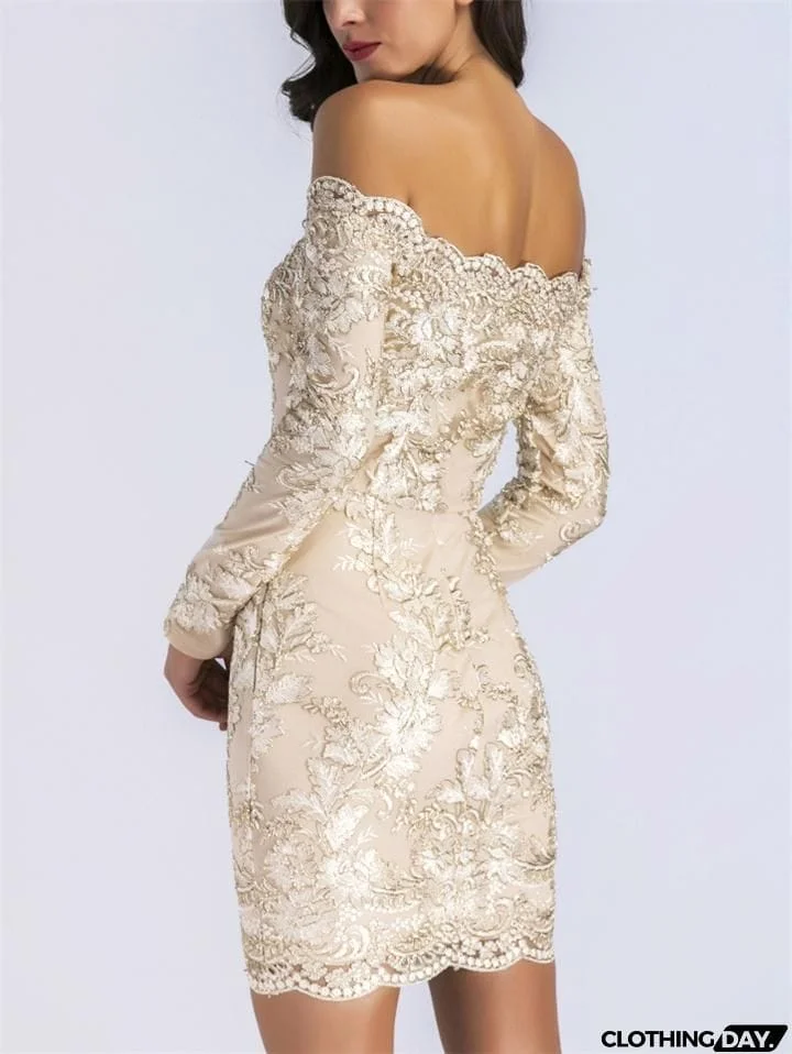 Gorgeous Off Shoulder Long Sleeve Floral Applique Thigh-Length Bodycon Party Dress