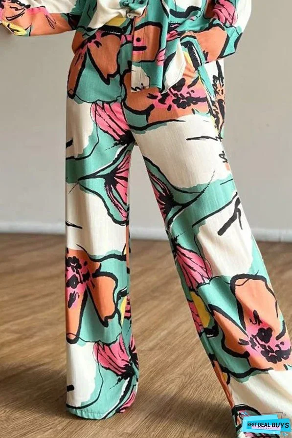 Printed Commuter Shirt High Waist Wide Leg Pants Set