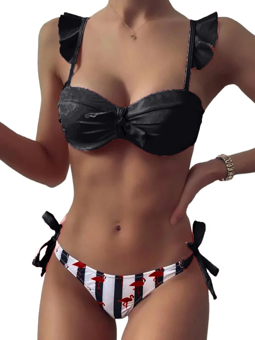 Women 2Pcs Bathing Suit 2021 New Ruffle Sleeve Tie Knot Crop Tops Striped Bikini Bottom Set Swimsuit Sexy Beach Summer Swimwear