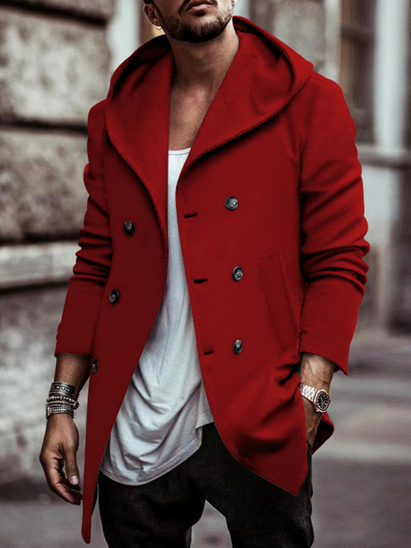 Mature Men's Mid-Length Lapel Hooded Double-Breasted Casual Trench Coat