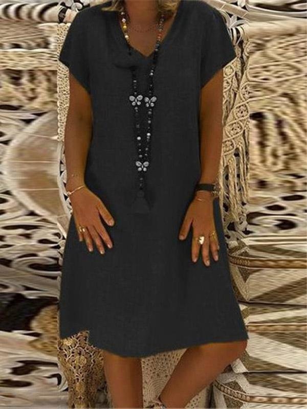 Solid color short sleeve V-neck dress-Mayoulove