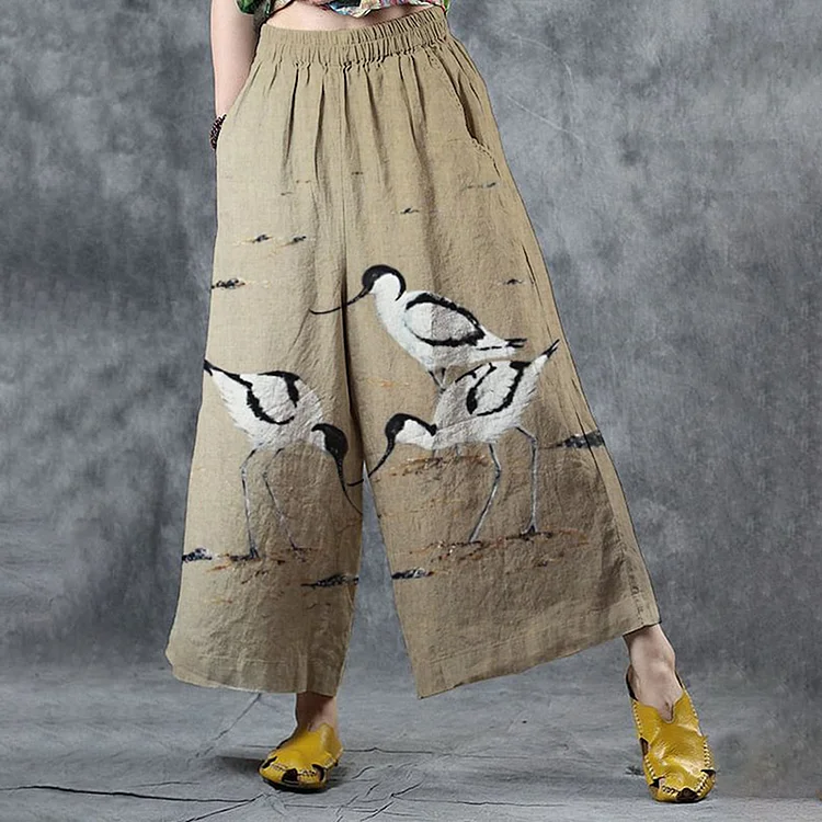 VChics Women's Retro Crane Art Print Cotton and Linen Comfortable Wide Leg Pants