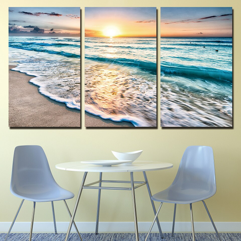 HD Prints Canvas Living Room Wall Art Pictures 3 Pieces Beach Sea Waves Sunset Paintings Home Decor Framework Living Room Poster