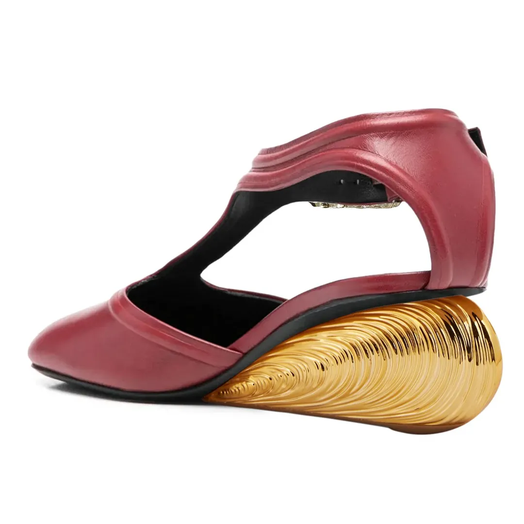 Women's T-Strap Cut-Out Maroon Pumps Heels with Rhinestone Buckle