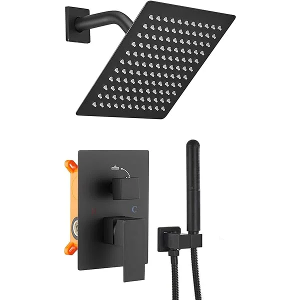 Shower Faucet Shower Trim Kit with Rough-in Valve Shower Set Bath Rainfall Shower Faucet System 8inch Square Stainless Steel Metal Shower Heads with Handheld Spray Black