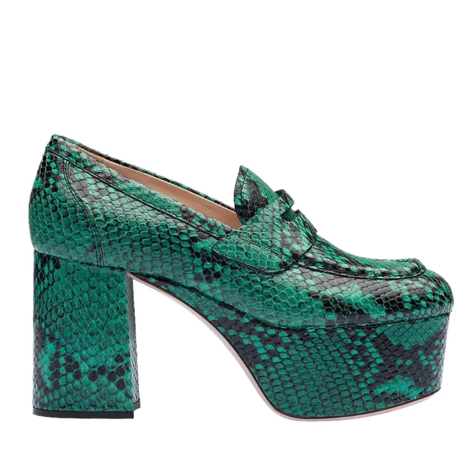 TAAFO Snackskin High Chunky Heels Women's Pumps Platform Square Toe Loafers Ladies Shoes 