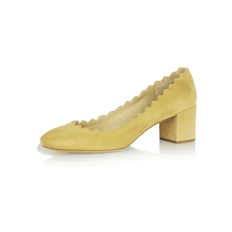 Yellow Suede Chunky Heels Round Toe Curve Pumps for Girls |FSJ Shoes