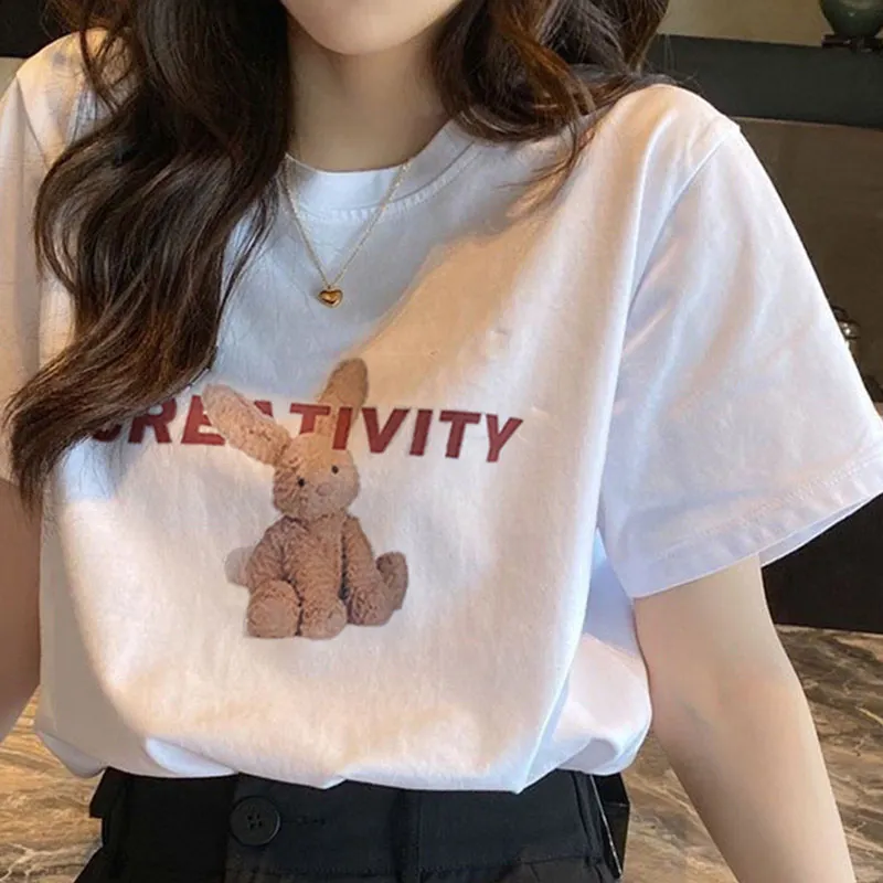 Cartoon Letter Print Round Collar Loose T-Shirt