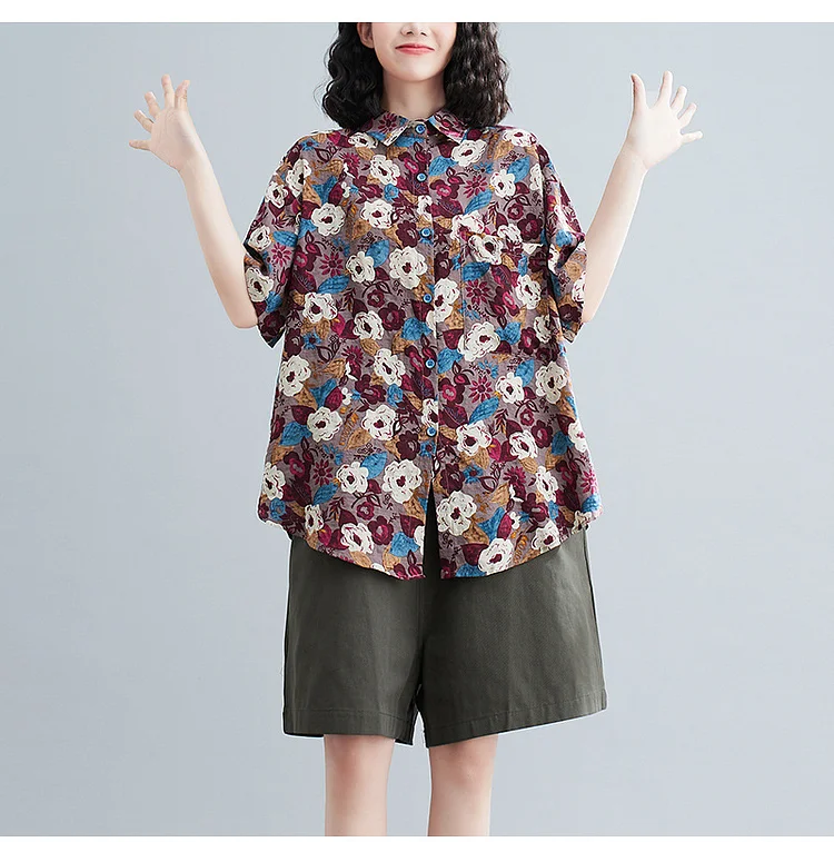 Literary Retro Printed Cotton And Linen Lapel Short Sleeve Shirt - yankia