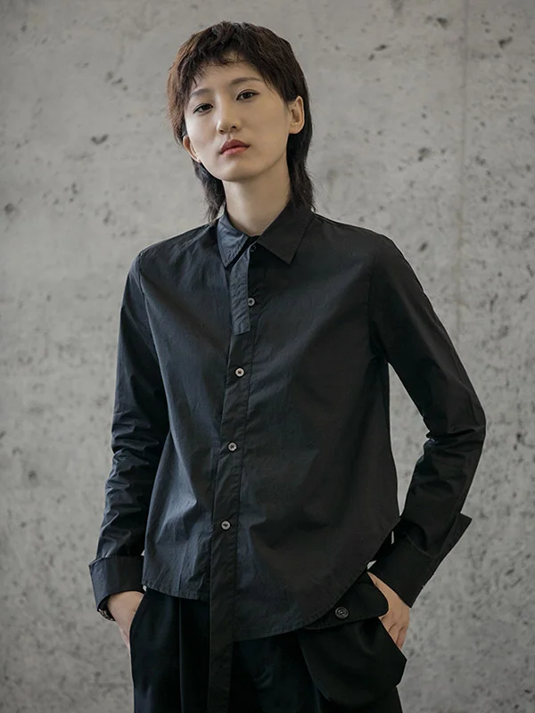 Urban Asymmetric Solid Color Buttoned Lapel Long Sleeves Blouse Tops
