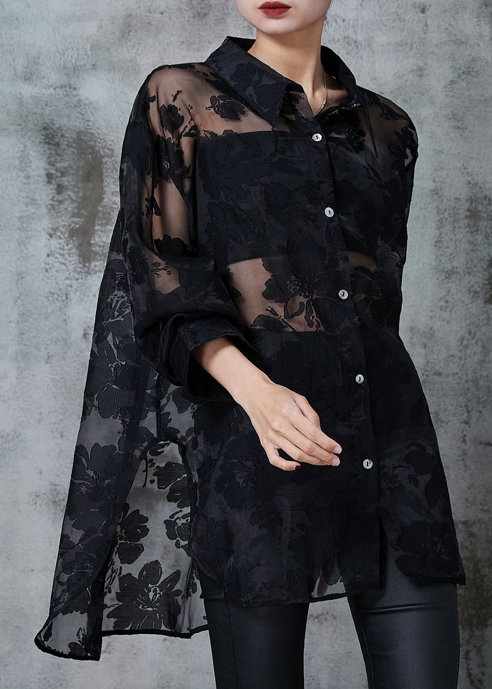 Poly Jacquard Stylish Black Top with Long Sleeve