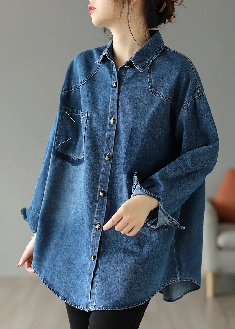 Style Blue Oversized Embroideried Pocket Denim Jackets Spring
