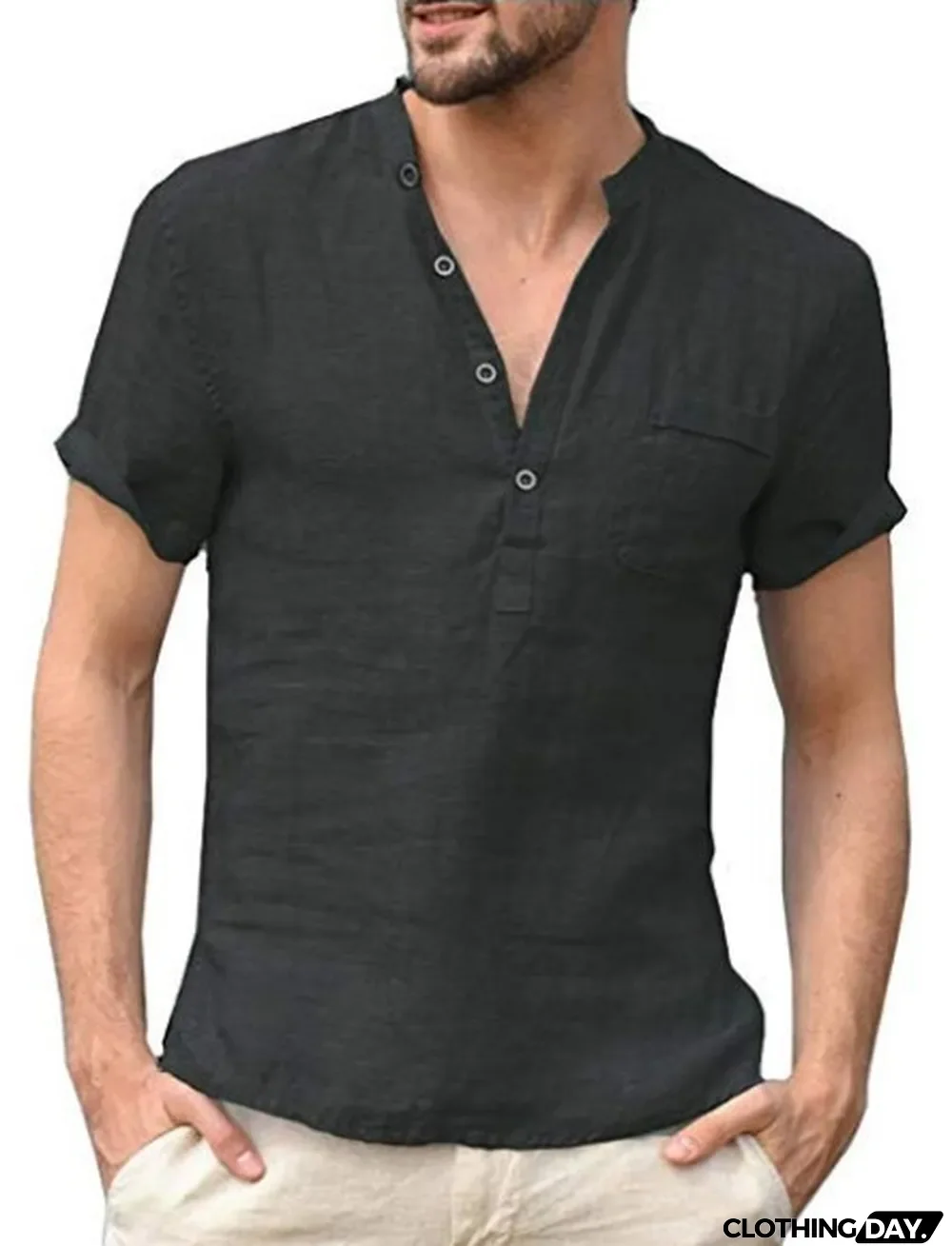 Summer Men Linen Short-Sleeved Stand Collar Buttoned Half-Open Shirt