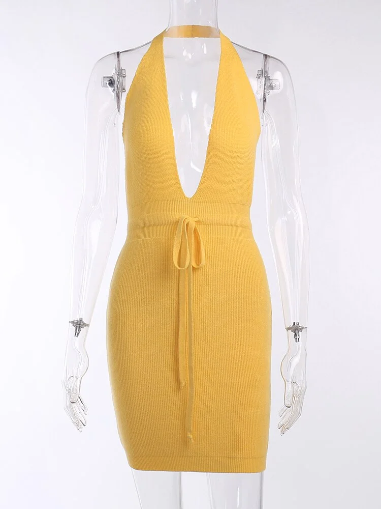 WannaThis Bodycon Mini Dress Bandage Sexy Backless Y2K Knit Deep V Neck Sleeveless Women Partywear Elegant Holiday Dresses 2022