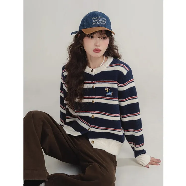 Athvotar Athvotar New Striped Knitted Shirt Small Fragrant Wind Milk Whiry Soft Sweater Cardigan Jacket Women Spring And Autumn Outside The Top
