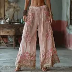 Boho Pink Roses Embroidered Flowy Comfy Linen Pants - Image 2