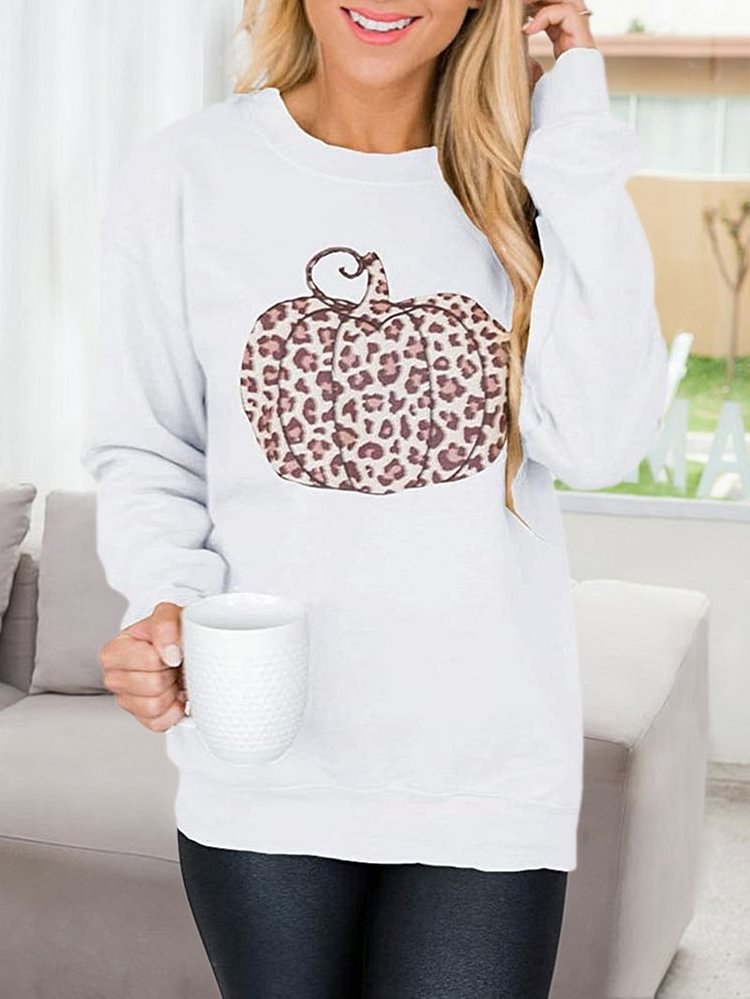 Halloween Leopard Pumpkin Print Long Sleeve Round Neck Ladies Sweatshirt