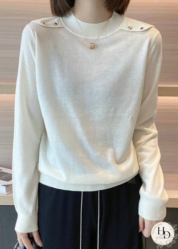 Simple Beige O Neck Patchwork Cozy Cotton Knit Tops Long Sleeve