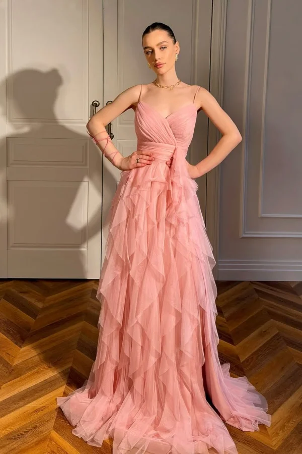 Soft Pink Spaghetti-Straps Sleeveless Pleated Tulle A-Line Prom Dress YK0102