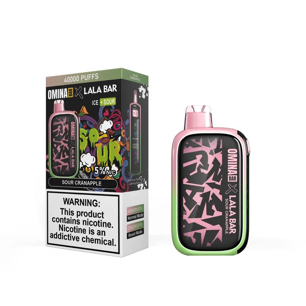 OMINA BAR x LALA BAR 40K Sour Cranapple disposable vape device and packaging.