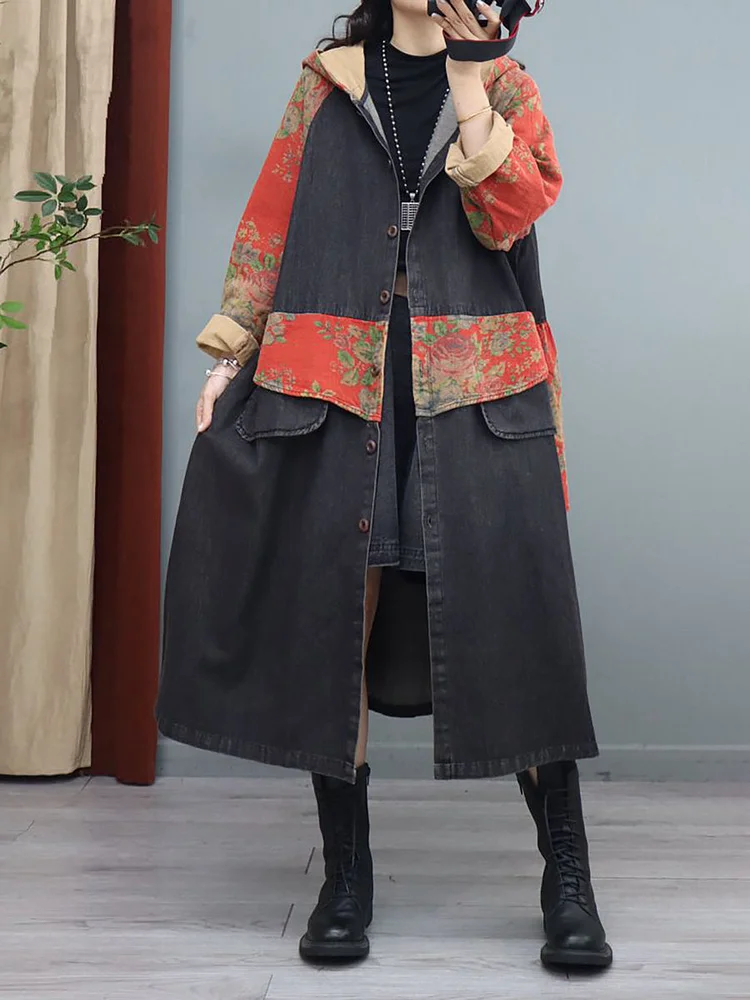 Women Denim Patchwork Print  Hooded Long Coat