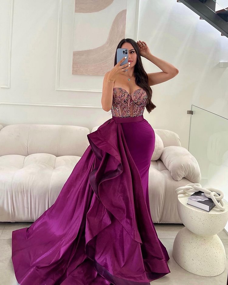 Hellodresses Mermaid Strapless Sleeveless Ruffles Long Prom Dress With Beading
