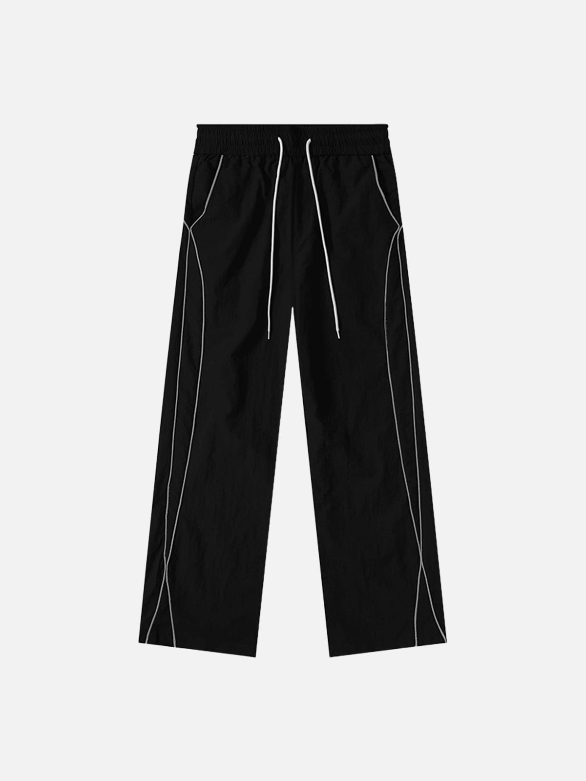 Black Reflective Striped Drawstring Loose Track Pants Front
