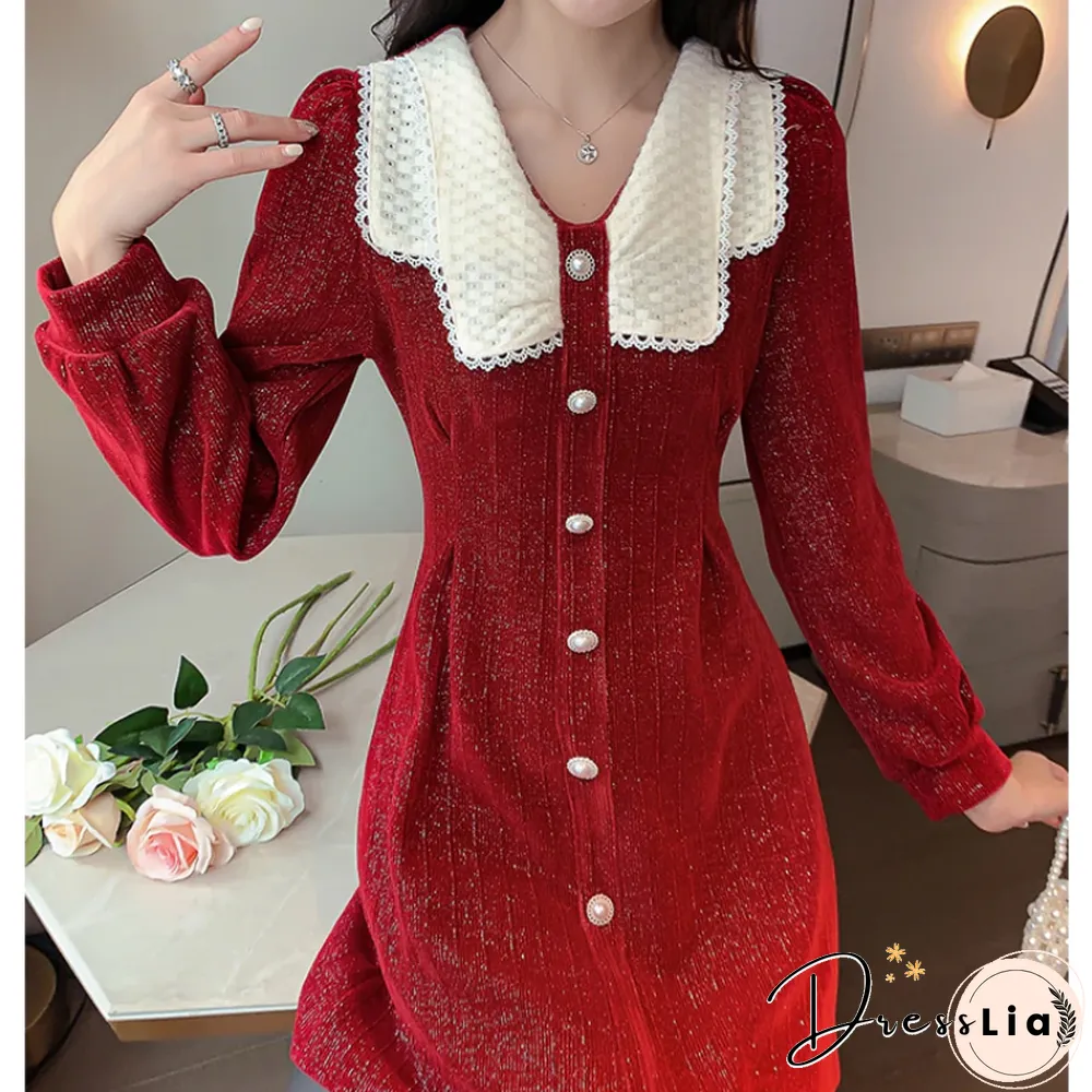 Luxury French Corduroy Mini Dress Womens Elegant Pearl Button Party Evening Classic Black